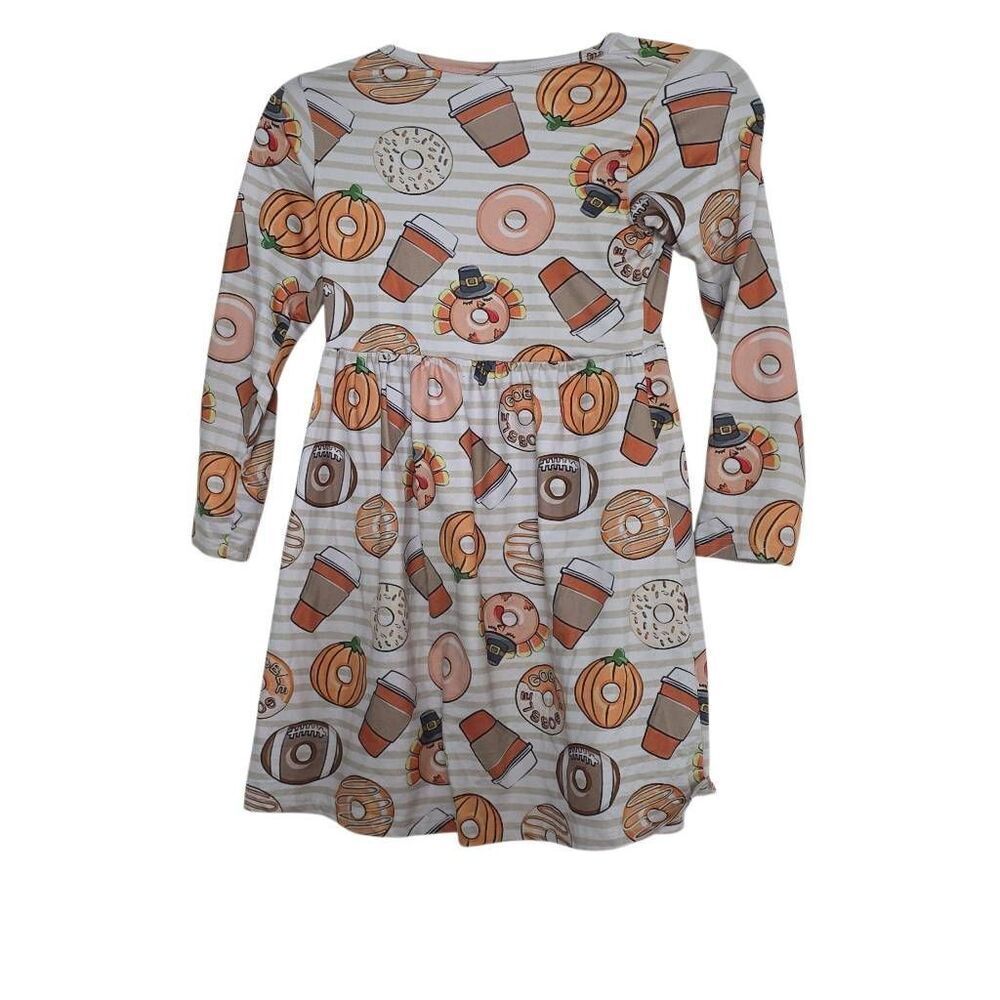 Girls Size 7-8 Tan Wt Orange Thanksgiving Fall Pumpkin Spice Long Sleeve Dress